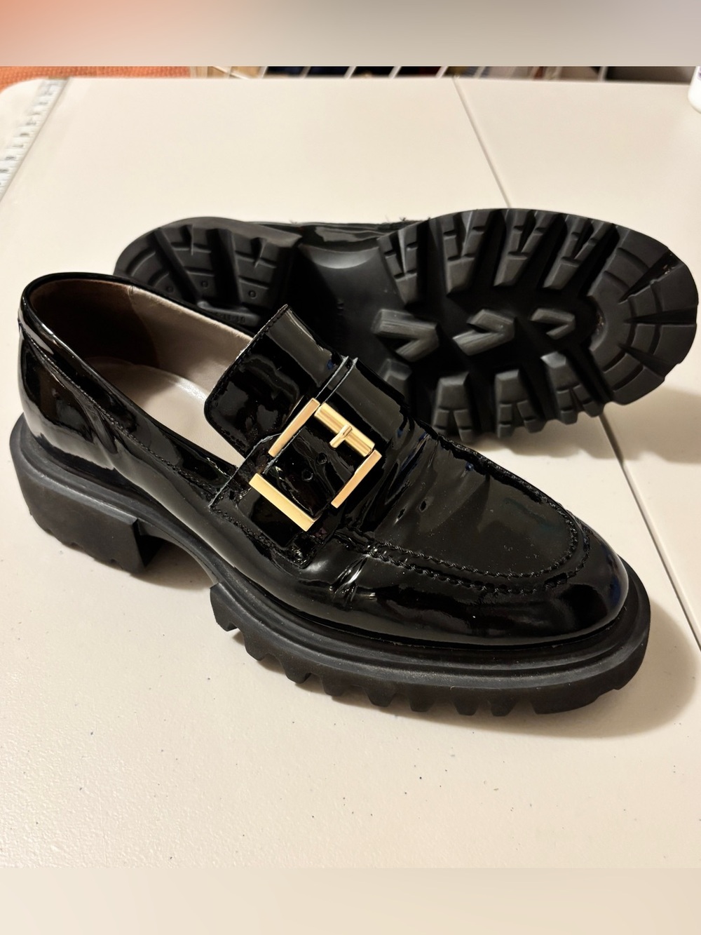 AllSaints Y2K Black Patent Leather Loafers Size 10 Platform Lug Emily Chunky
